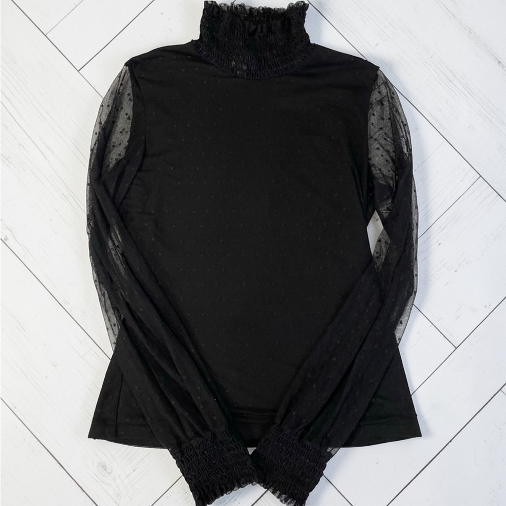 Pink Lily Black Sheer Polka Dot Mesh Sleeve Smocked Mock Neck Top M